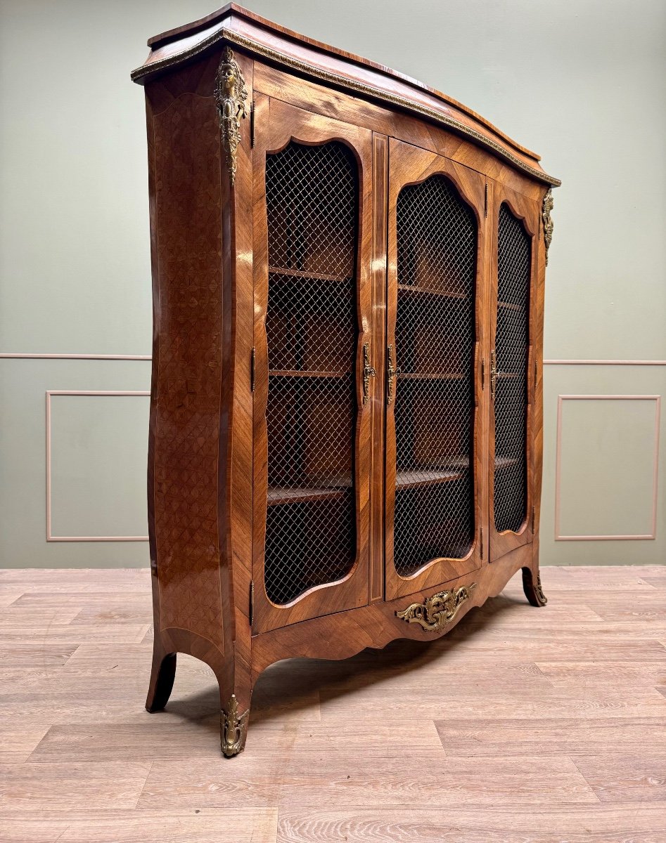 Bookcase Three Doors In Louis XV Style Marquetry XIX Eme Century -photo-4