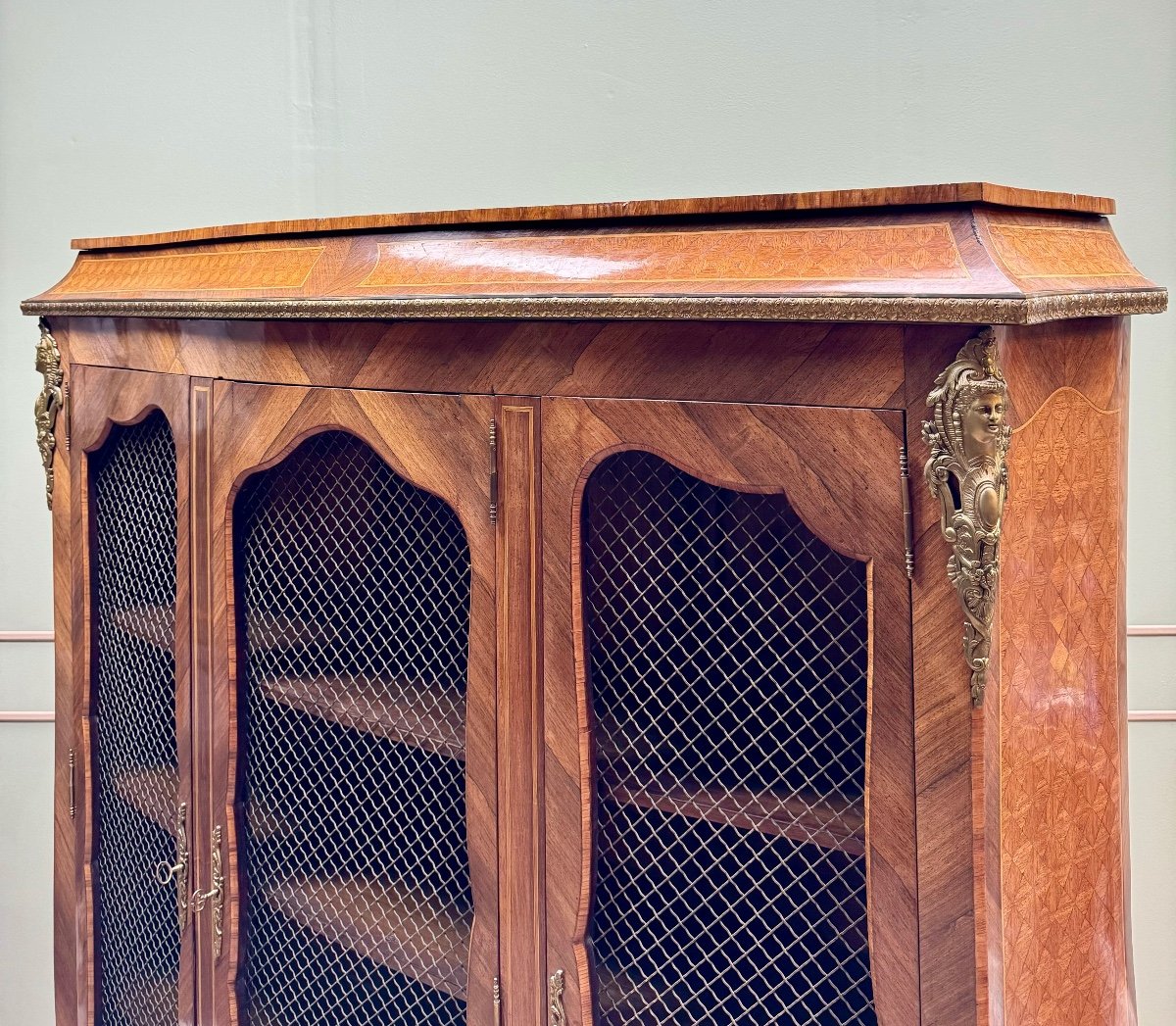 Bookcase Three Doors In Louis XV Style Marquetry XIX Eme Century -photo-5