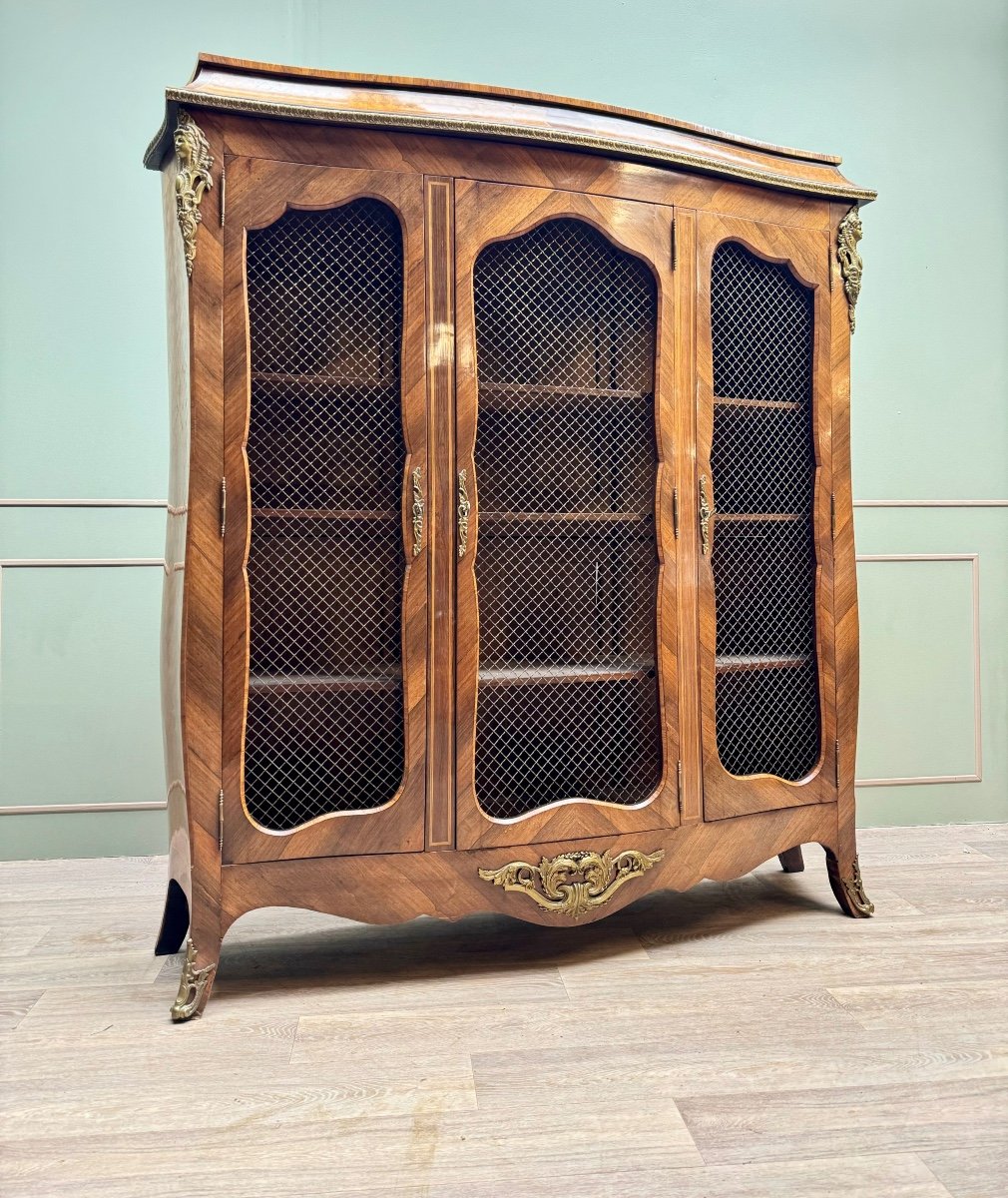 Bookcase Three Doors In Louis XV Style Marquetry XIX Eme Century 