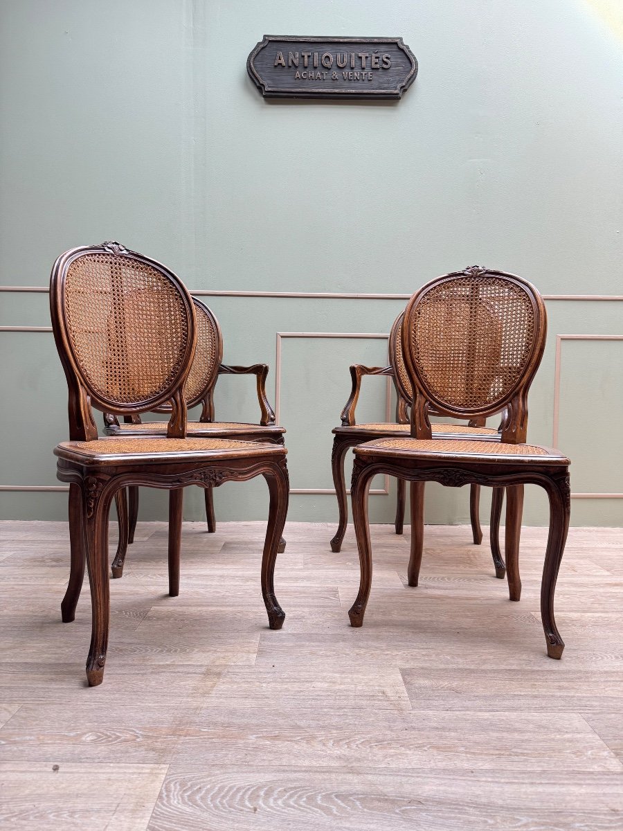 Paire de fauteuils et deux chaises cannées en bois naturel de style Louis XV XIX eme siècle -photo-2