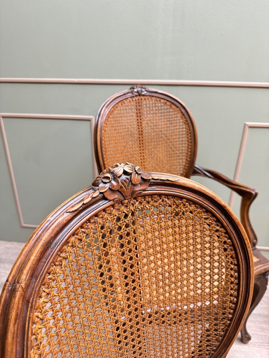 Paire de fauteuils et deux chaises cannées en bois naturel de style Louis XV XIX eme siècle -photo-3