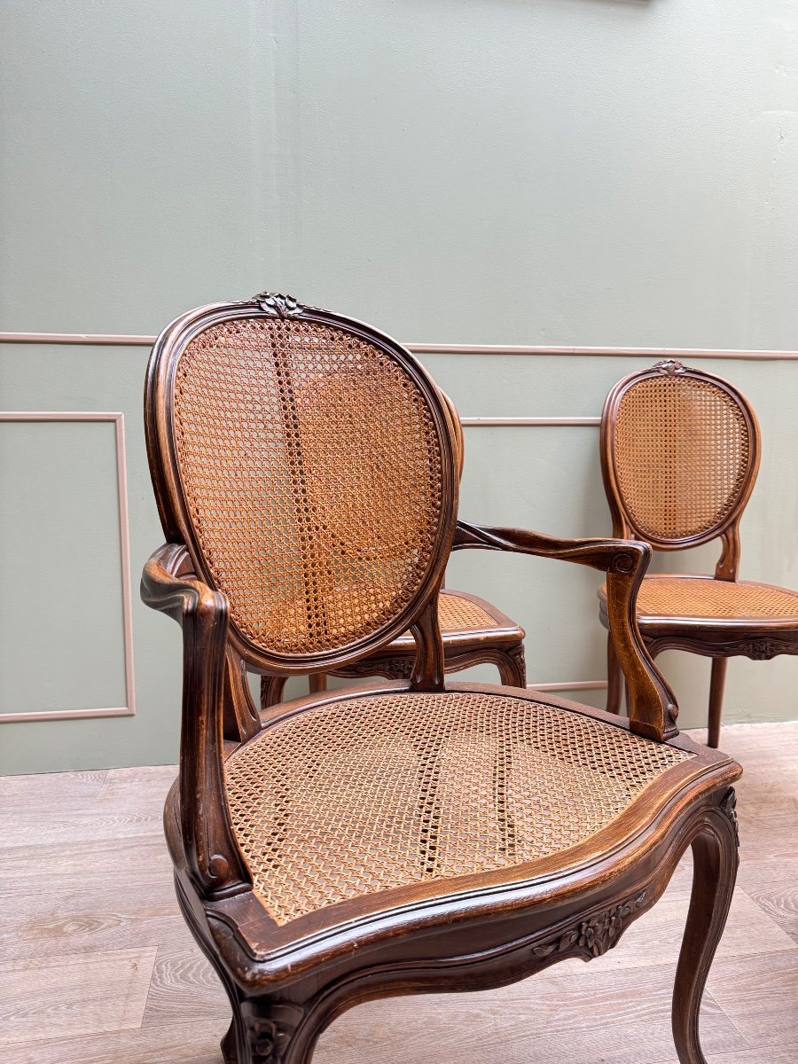 Paire de fauteuils et deux chaises cannées en bois naturel de style Louis XV XIX eme siècle -photo-4