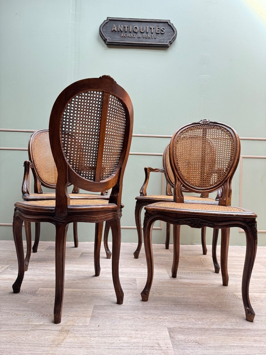 Paire de fauteuils et deux chaises cannées en bois naturel de style Louis XV XIX eme siècle -photo-1