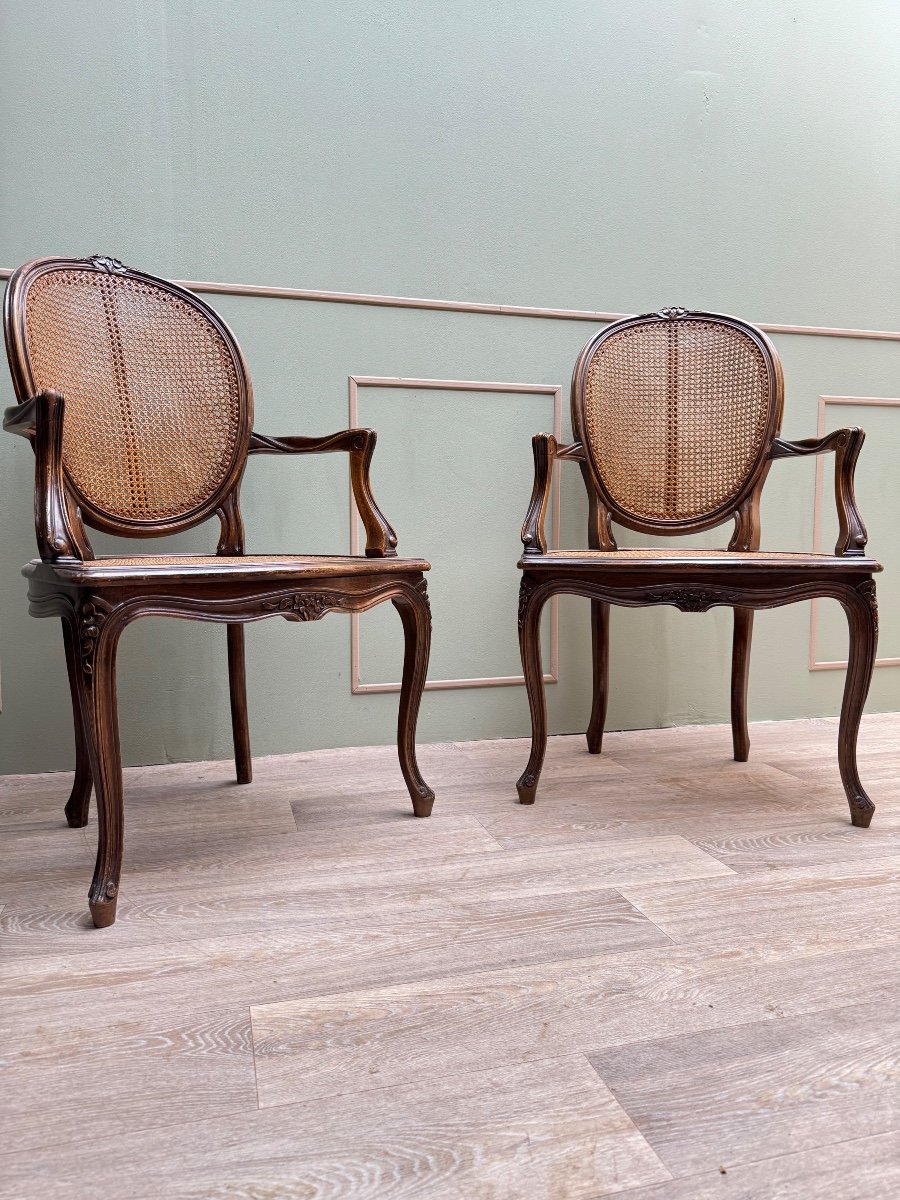 Paire de fauteuils et deux chaises cannées en bois naturel de style Louis XV XIX eme siècle -photo-3
