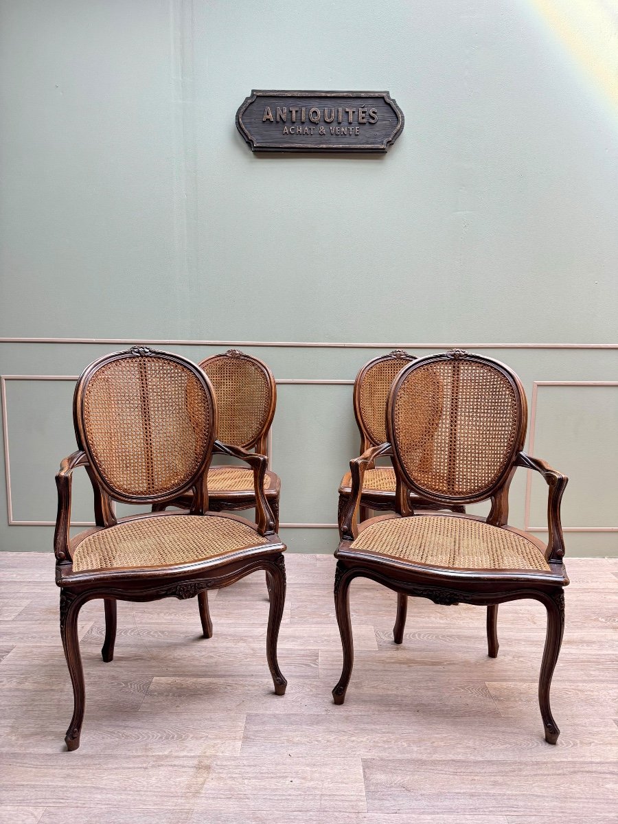 Paire de fauteuils et deux chaises cannées en bois naturel de style Louis XV XIX eme siècle -photo-4