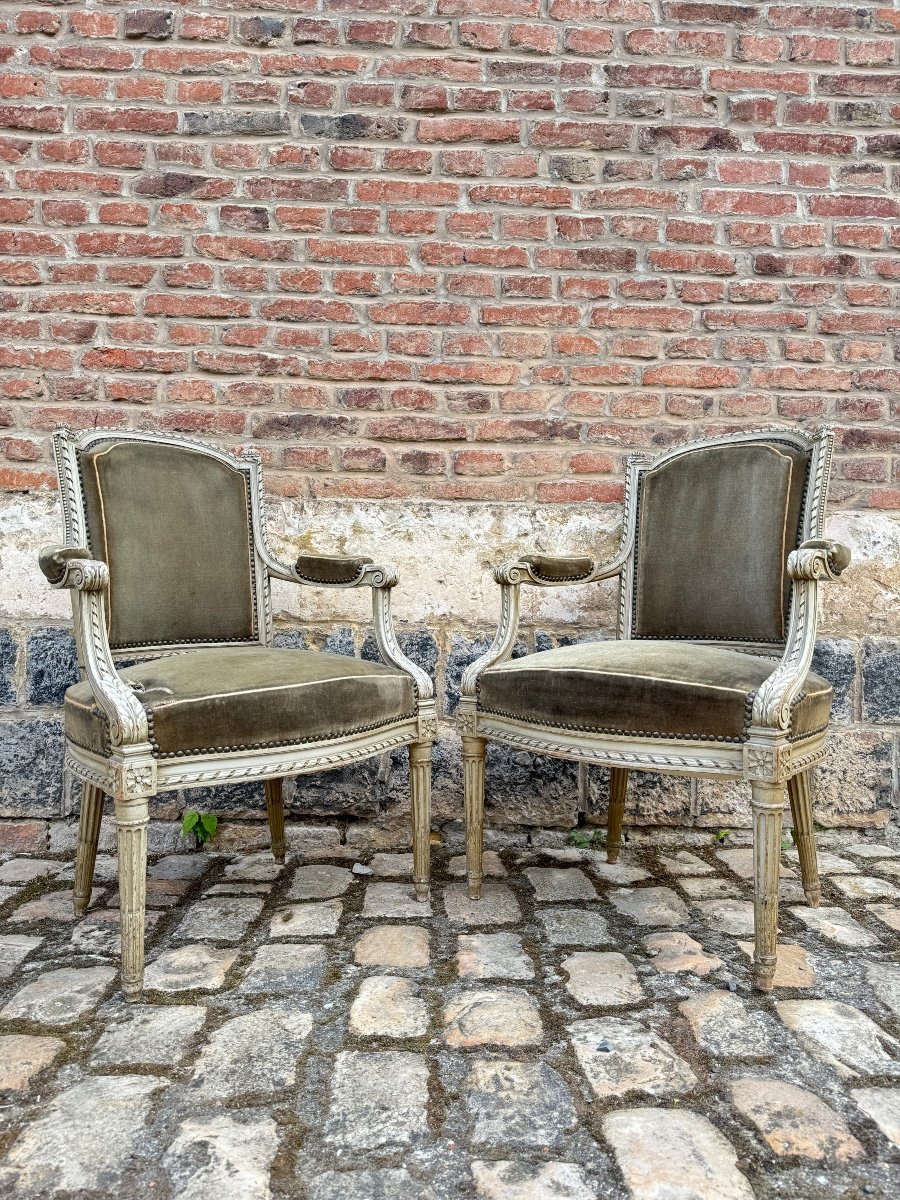 Paire De Fauteuils En Bois Laqué De Style Louis XVI XIX Eme Siècle -photo-3