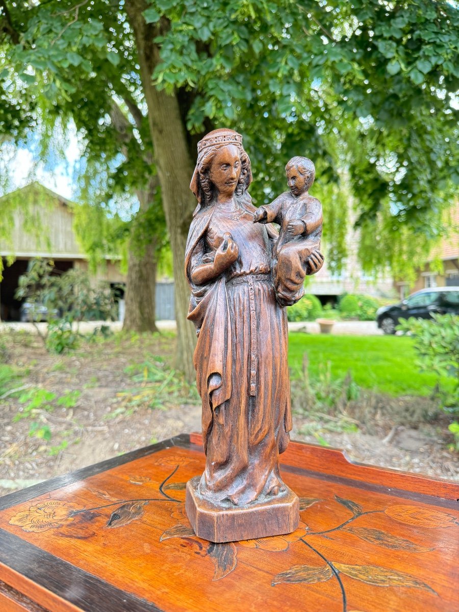 Sculpture In Natural Wood, Virgin And Child XVIII Eme Century -photo-2