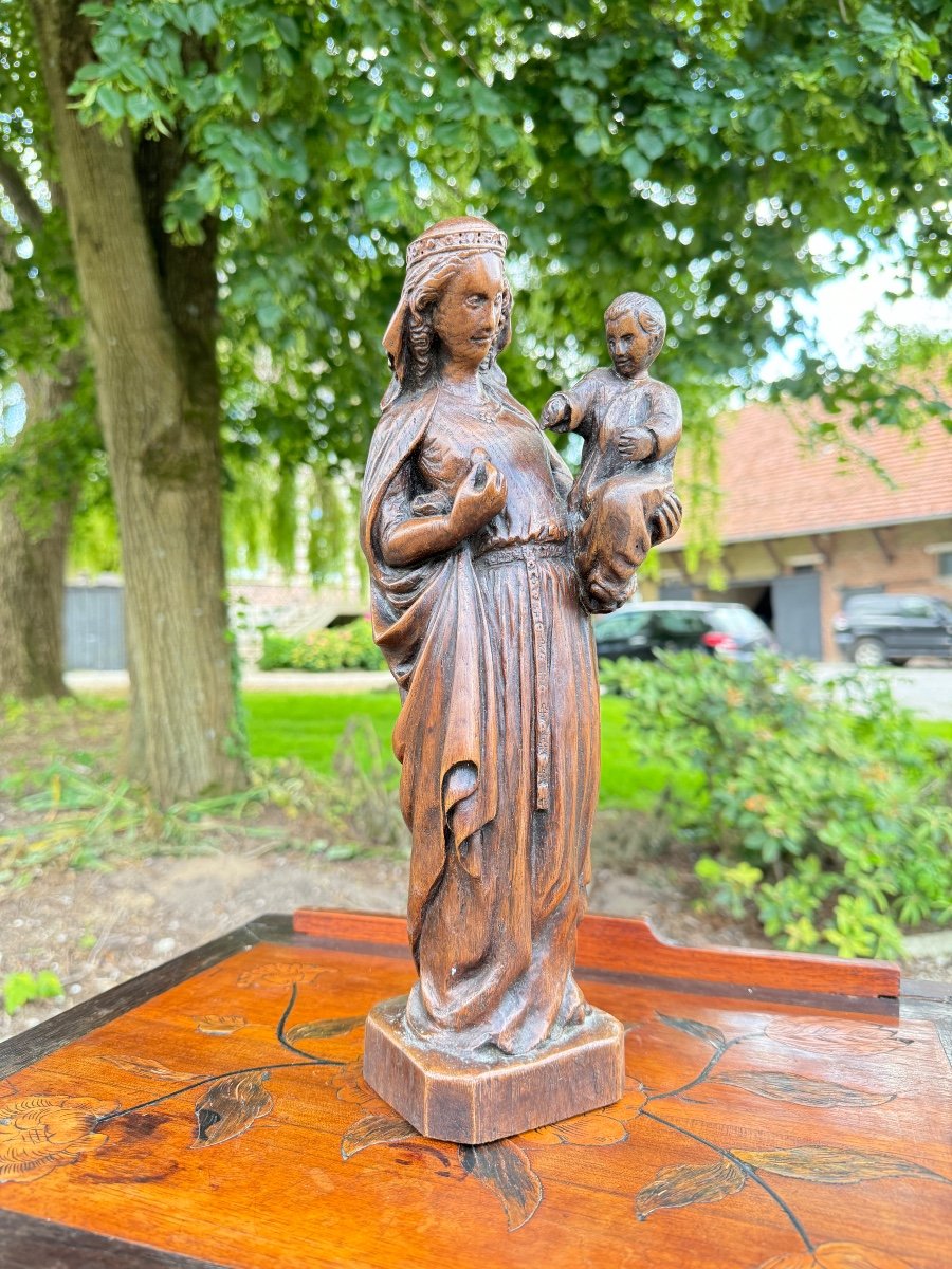 Sculpture In Natural Wood, Virgin And Child XVIII Eme Century -photo-3