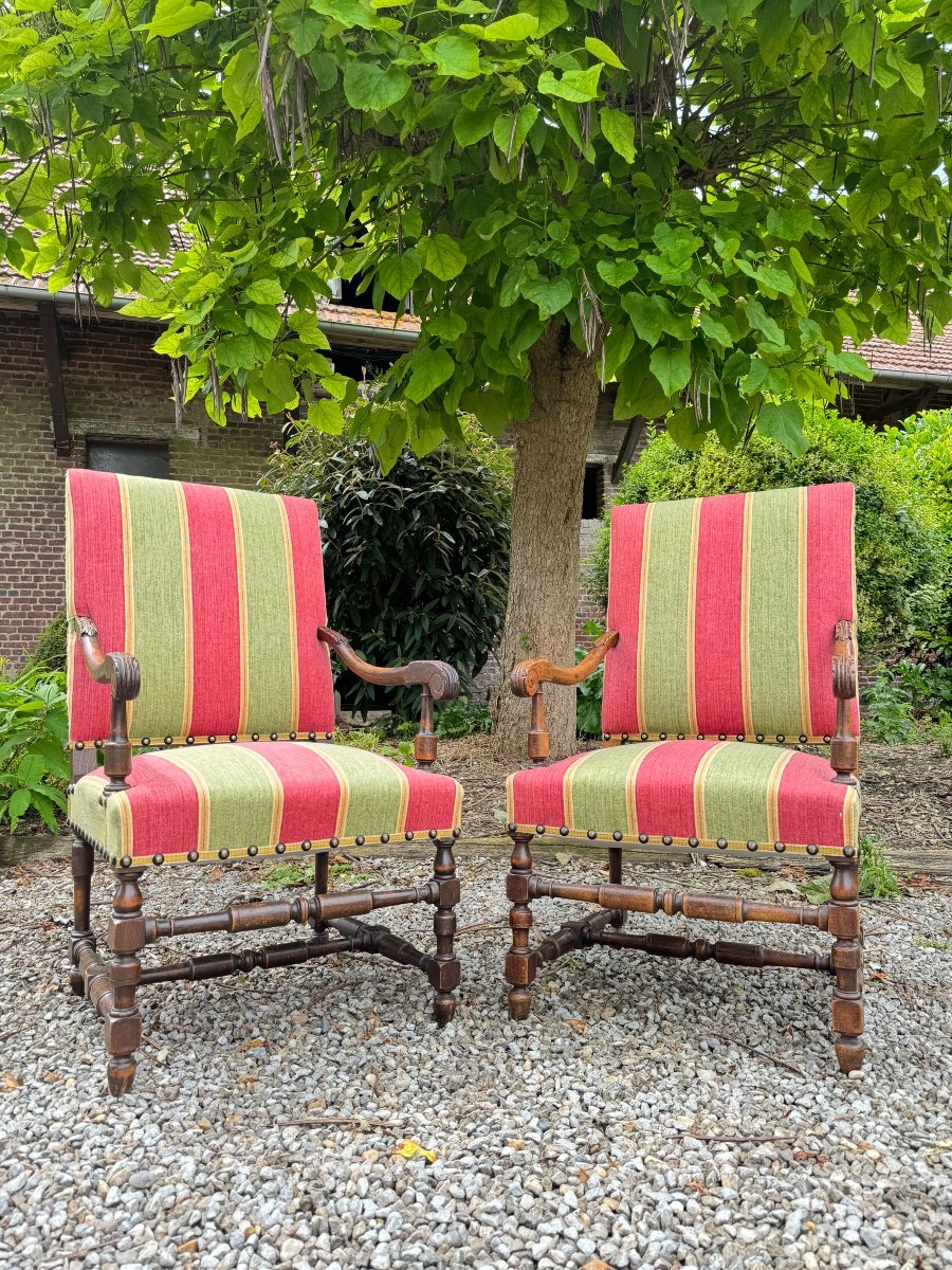 Pair Of Louis XIII Style Walnut Flat Back Armchairs 