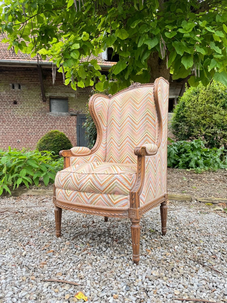 Louis XVI Style Natural Wood Wing Chair -photo-3