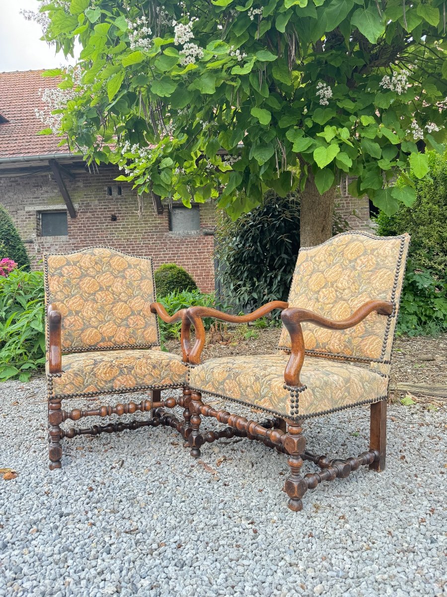 Pair Of Louis XIV Period Walnut Armchairs -photo-2