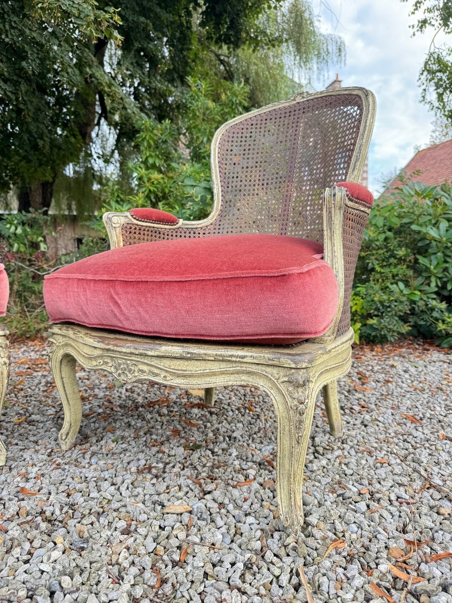 Paire De Bergères Cannées En Bois Laqué De Style Louis XV XIX Eme Siècle -photo-4