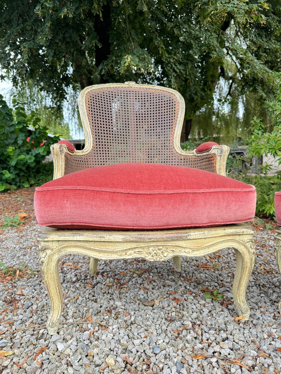 Paire De Bergères Cannées En Bois Laqué De Style Louis XV XIX Eme Siècle -photo-1