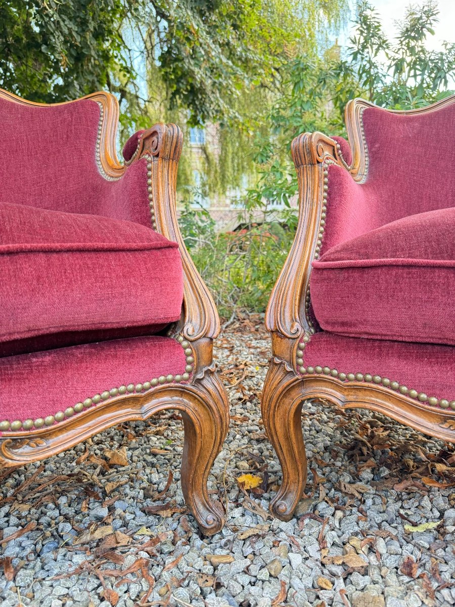 Pair Of Louis XV Style Walnut Bergeres, 19th Century -photo-2