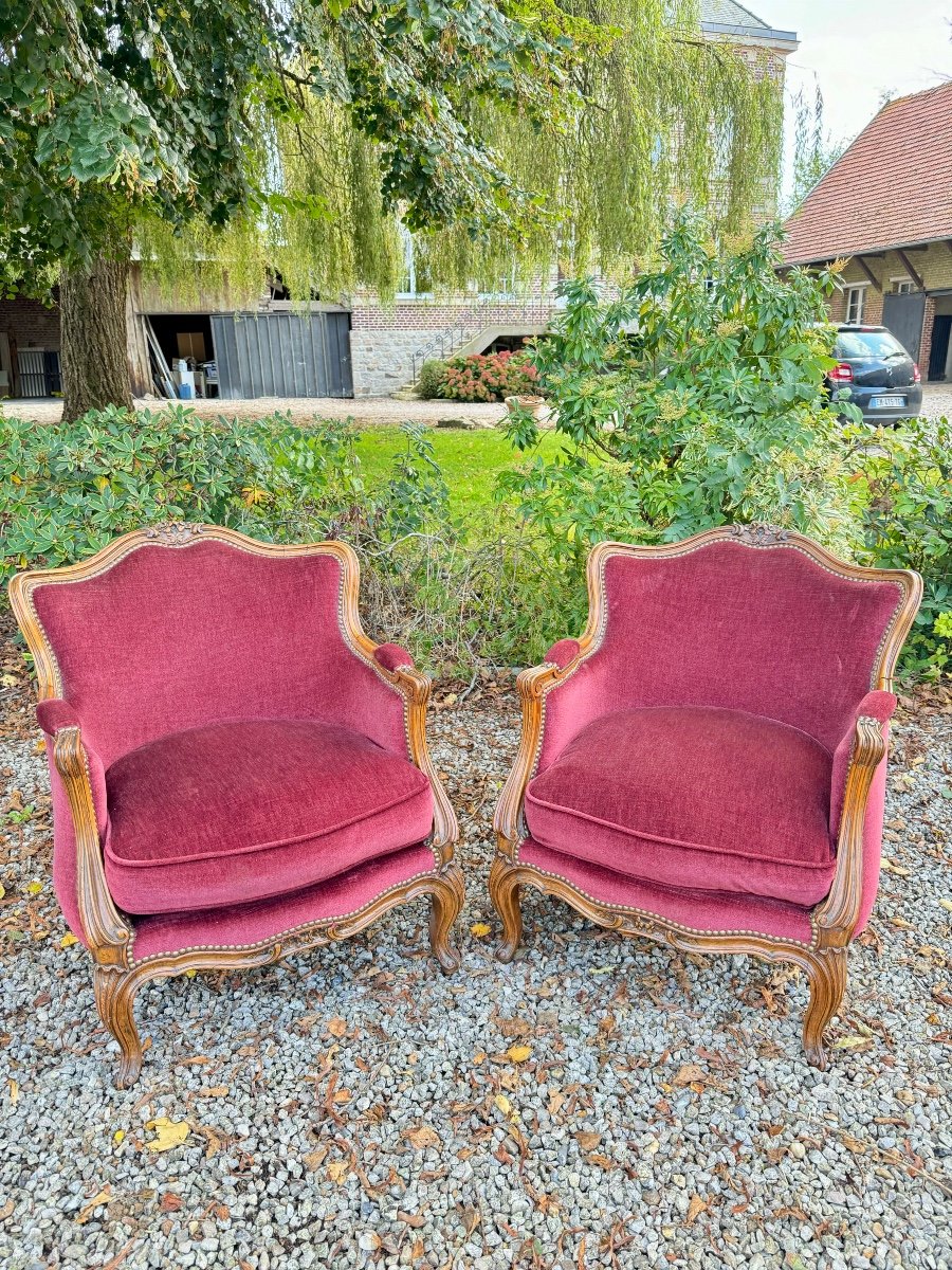 Pair Of Louis XV Style Walnut Bergeres, 19th Century -photo-3