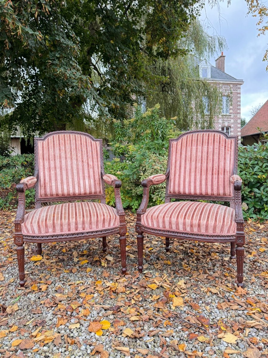 Paire De Fauteuils à Dossier Plat En Acajou De Style Louis XVI XIX Eme Siècle -photo-2