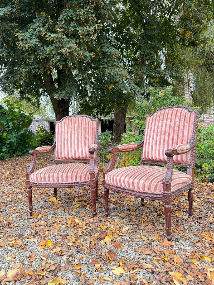 Paire De Fauteuils à Dossier Plat En Acajou De Style Louis XVI XIX Eme Siècle -photo-4