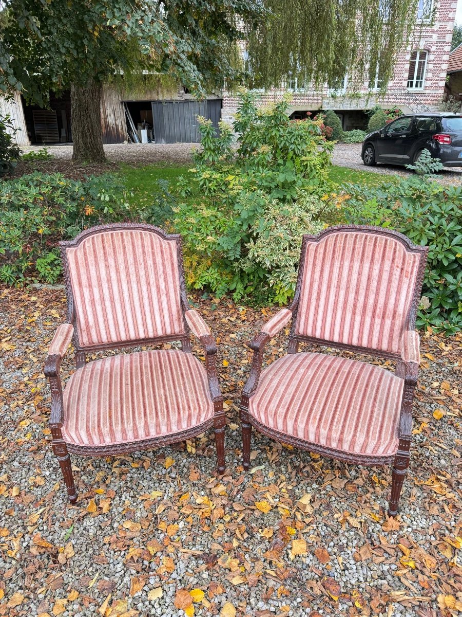 Paire De Fauteuils à Dossier Plat En Acajou De Style Louis XVI XIX Eme Siècle -photo-1