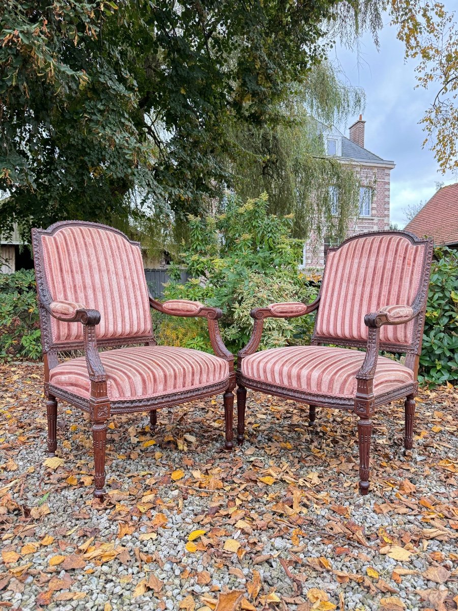 Paire De Fauteuils à Dossier Plat En Acajou De Style Louis XVI XIX Eme Siècle -photo-2