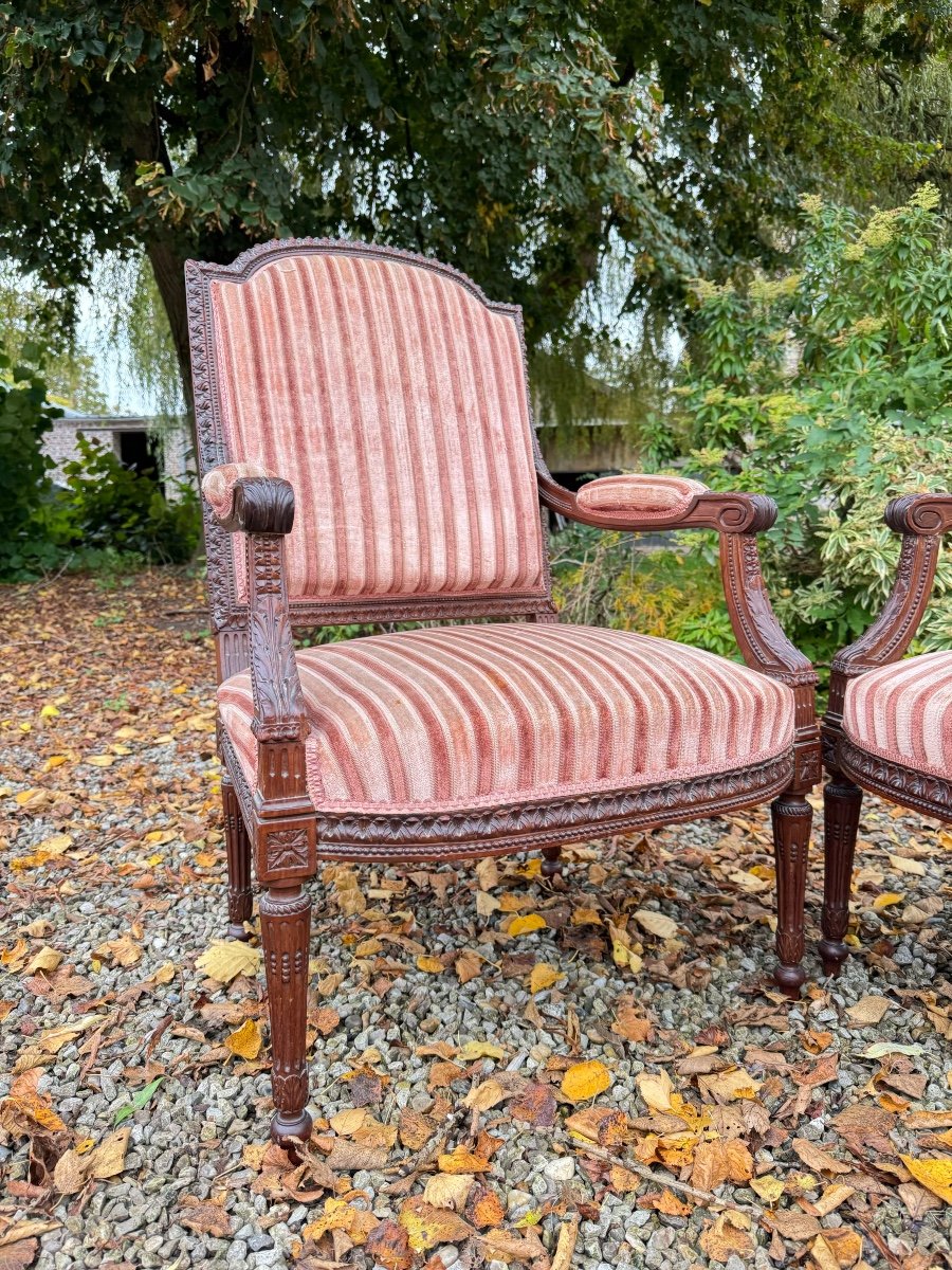 Paire De Fauteuils à Dossier Plat En Acajou De Style Louis XVI XIX Eme Siècle -photo-3