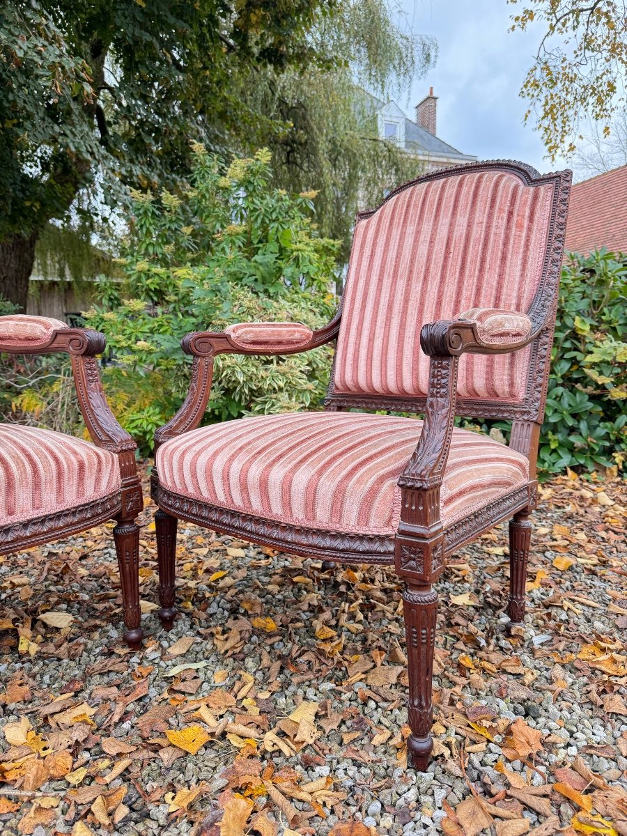 Paire De Fauteuils à Dossier Plat En Acajou De Style Louis XVI XIX Eme Siècle -photo-4