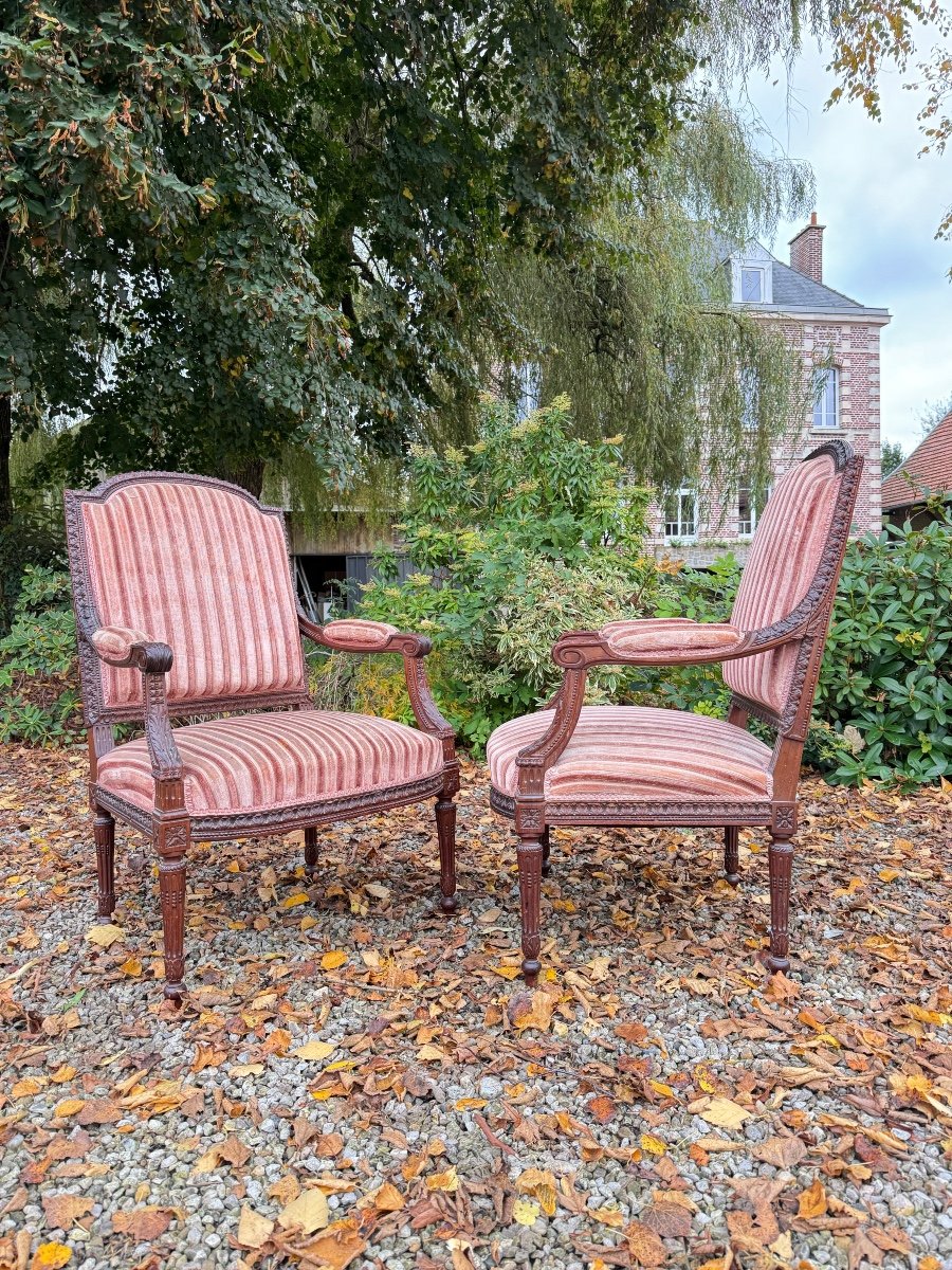 Paire De Fauteuils à Dossier Plat En Acajou De Style Louis XVI XIX Eme Siècle -photo-5