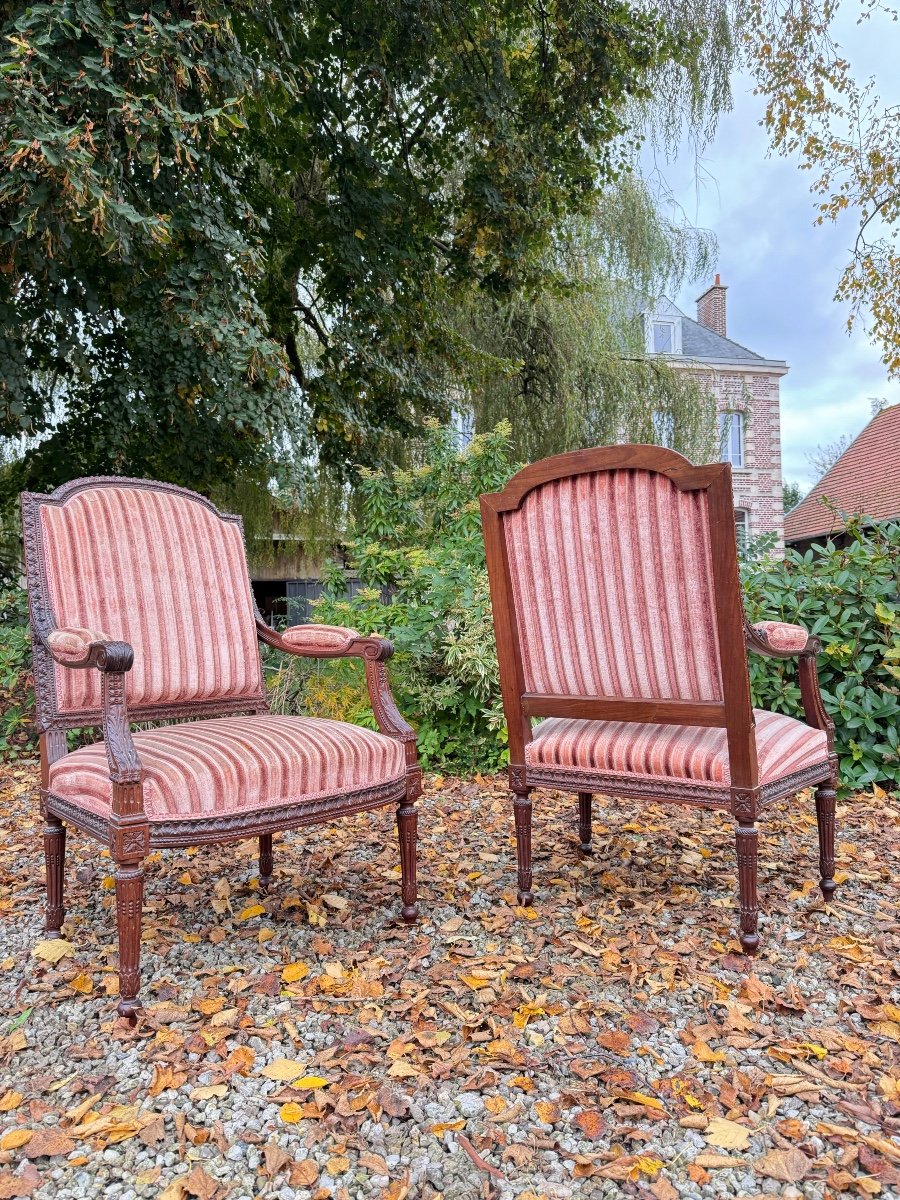 Paire De Fauteuils à Dossier Plat En Acajou De Style Louis XVI XIX Eme Siècle -photo-6