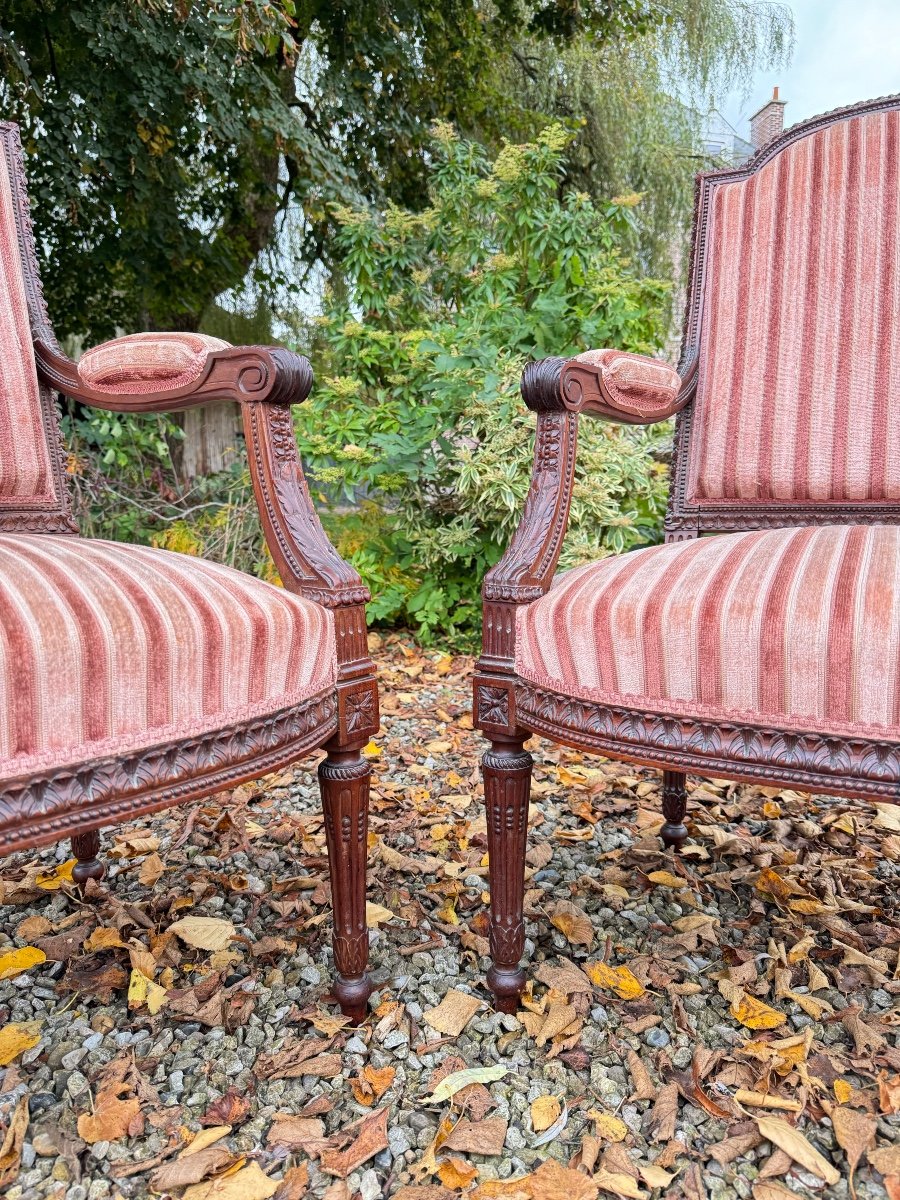 Paire De Fauteuils à Dossier Plat En Acajou De Style Louis XVI XIX Eme Siècle -photo-7