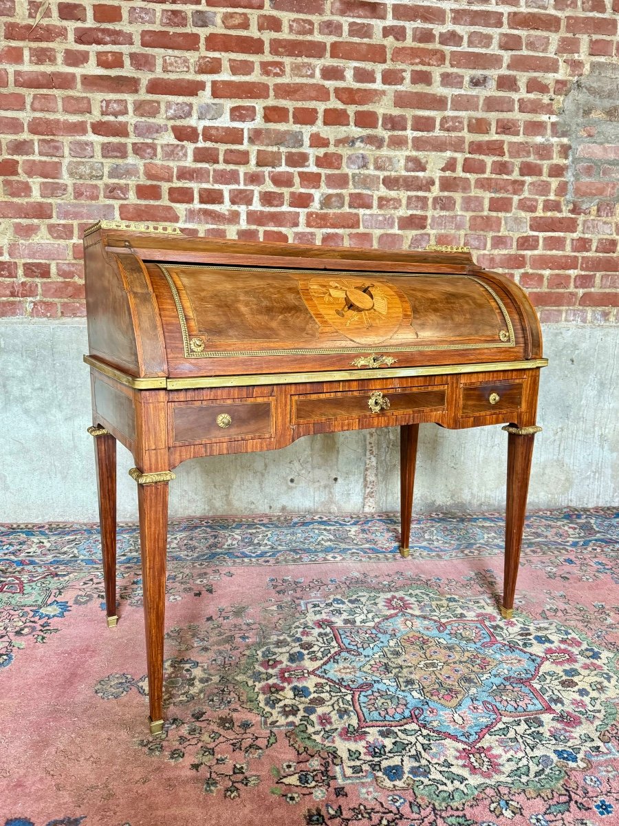 Louis XVI Style Marquetry Cylinder Desk, 19th Century -photo-2