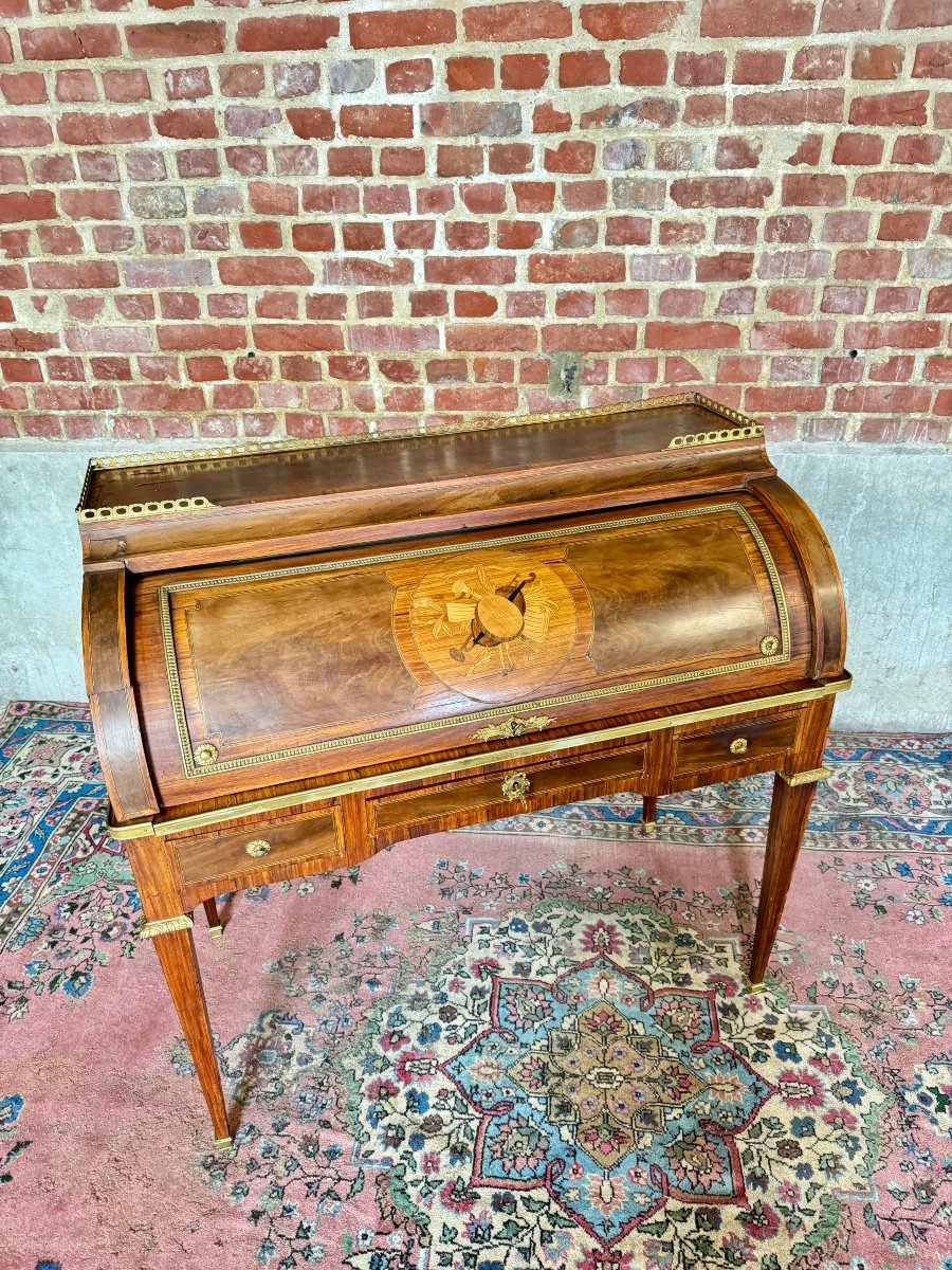 Louis XVI Style Marquetry Cylinder Desk, 19th Century -photo-3