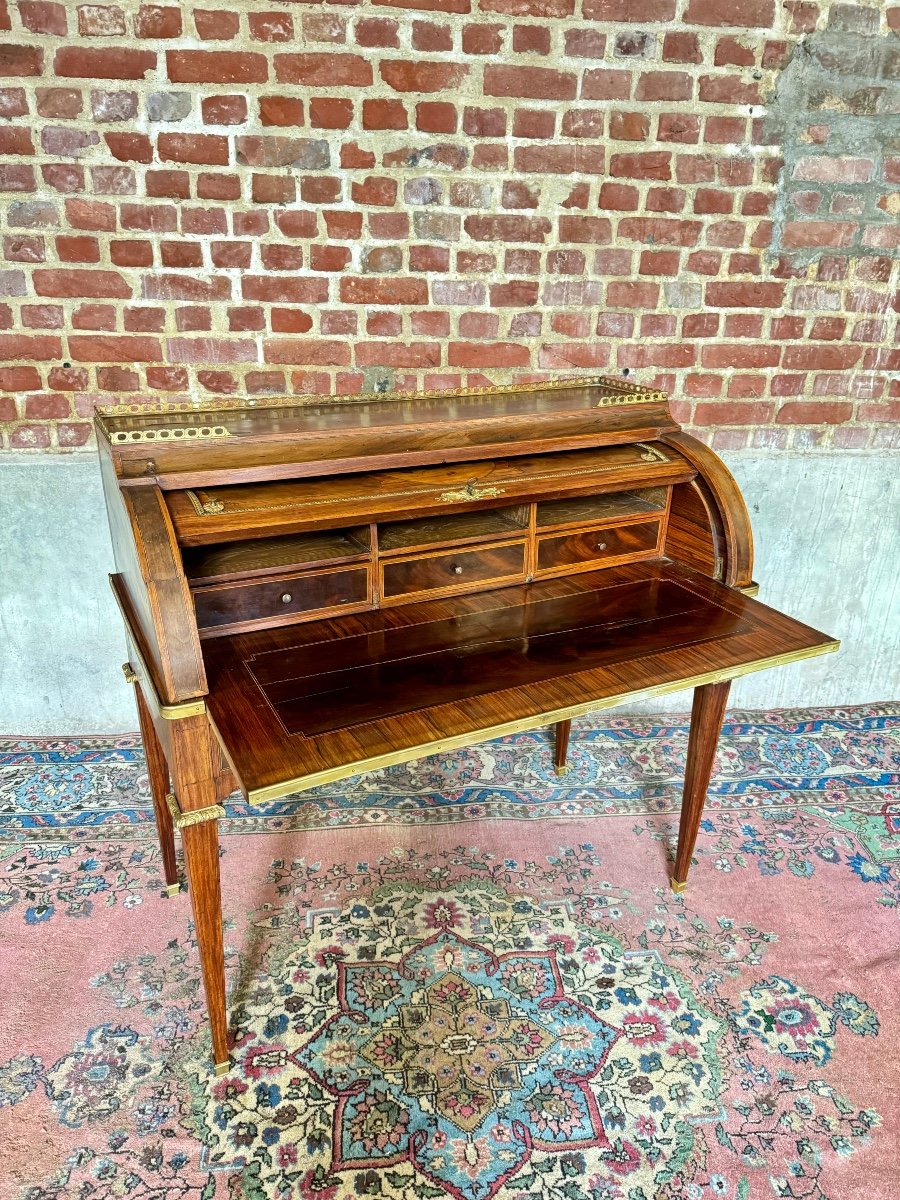 Louis XVI Style Marquetry Cylinder Desk, 19th Century -photo-1