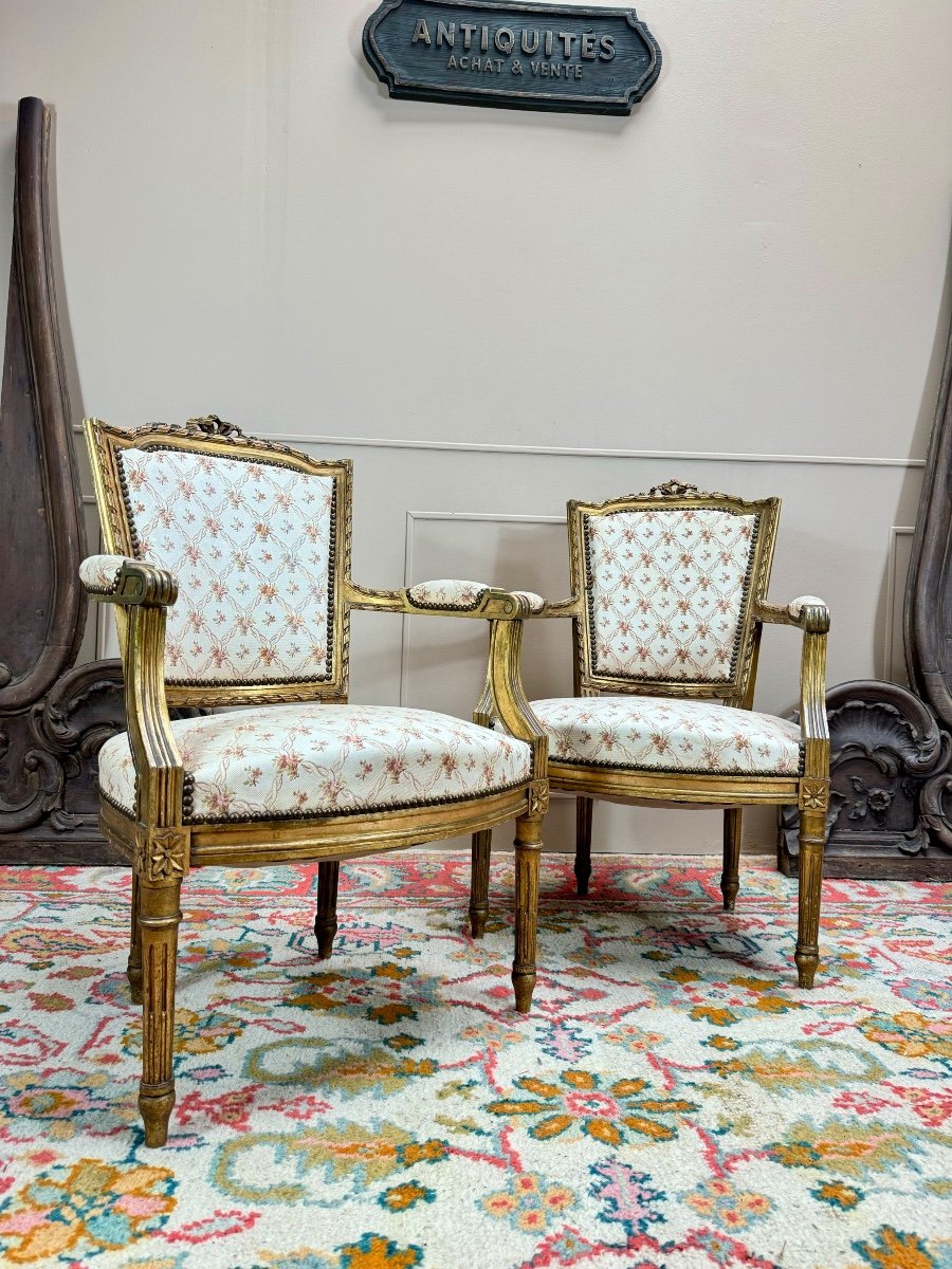 Paire De Fauteuils En Bois Doré De Style Louis XVI XIX Eme Siècle -photo-2