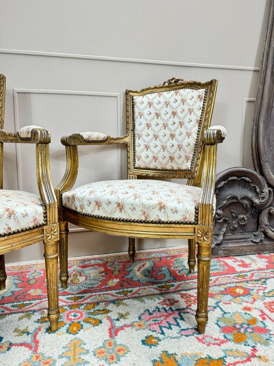 Paire De Fauteuils En Bois Doré De Style Louis XVI XIX Eme Siècle -photo-2