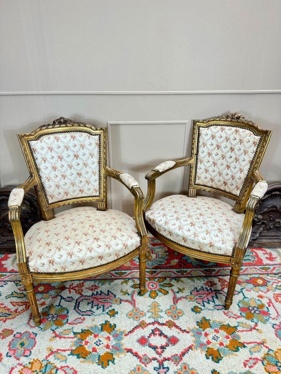 Paire De Fauteuils En Bois Doré De Style Louis XVI XIX Eme Siècle -photo-3