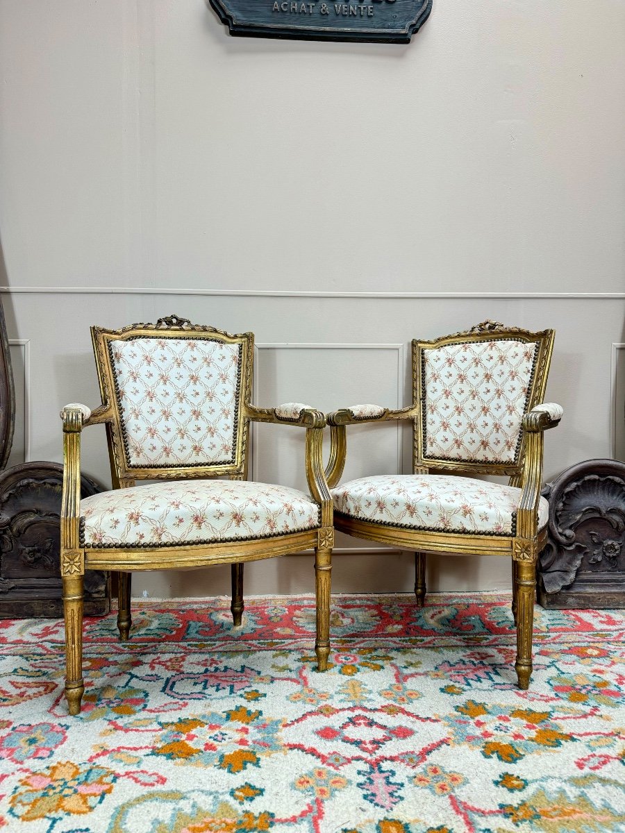 Paire De Fauteuils En Bois Doré De Style Louis XVI XIX Eme Siècle -photo-4