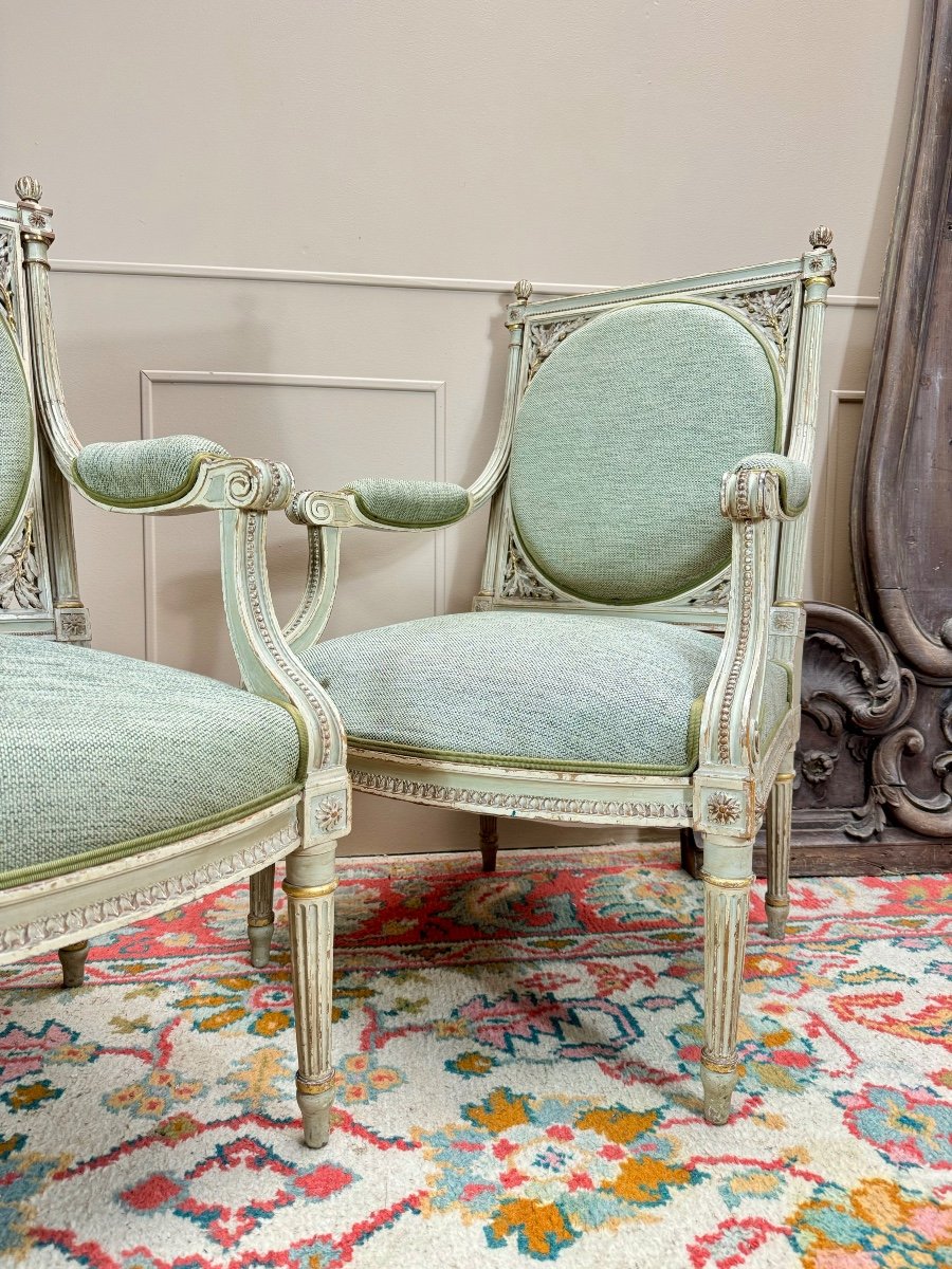 Georges Jacob After Pair Of Louis XVI Style Lacquered Wood Armchairs 19th Century -photo-2