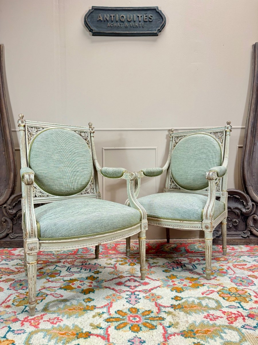 Georges Jacob After Pair Of Louis XVI Style Lacquered Wood Armchairs 19th Century -photo-1