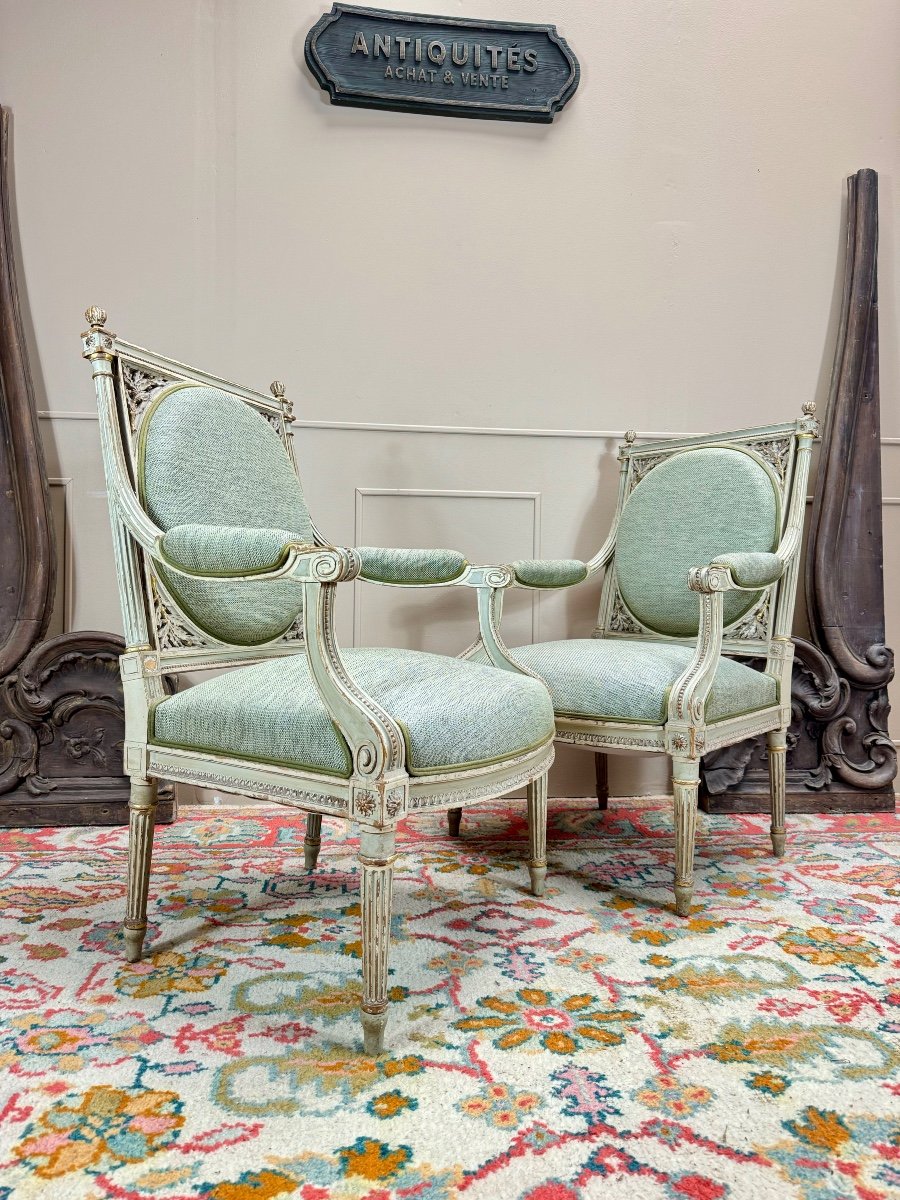 Georges Jacob After Pair Of Louis XVI Style Lacquered Wood Armchairs 19th Century -photo-2