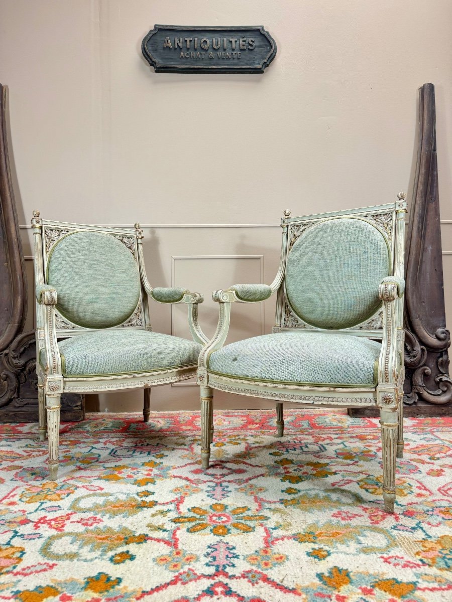 Georges Jacob After Pair Of Louis XVI Style Lacquered Wood Armchairs 19th Century -photo-4