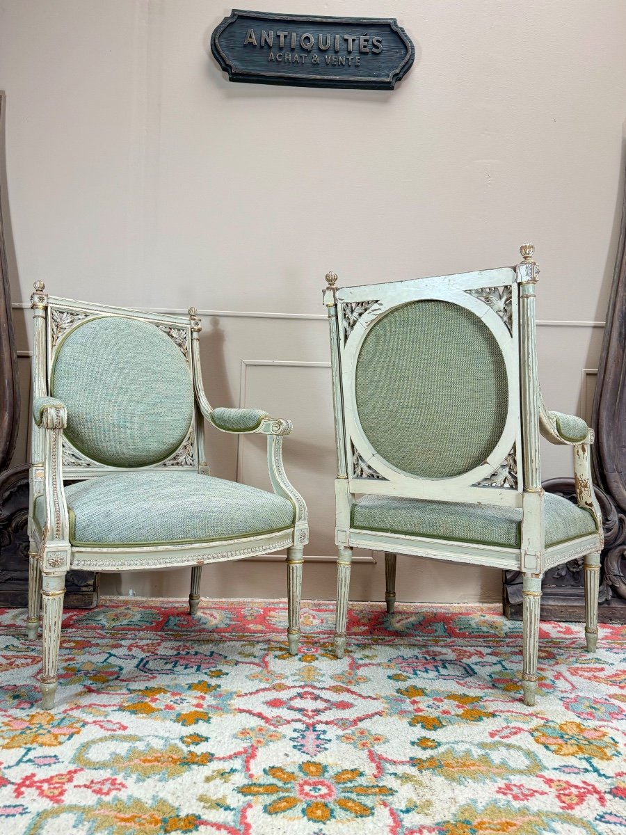 Georges Jacob After Pair Of Louis XVI Style Lacquered Wood Armchairs 19th Century -photo-6