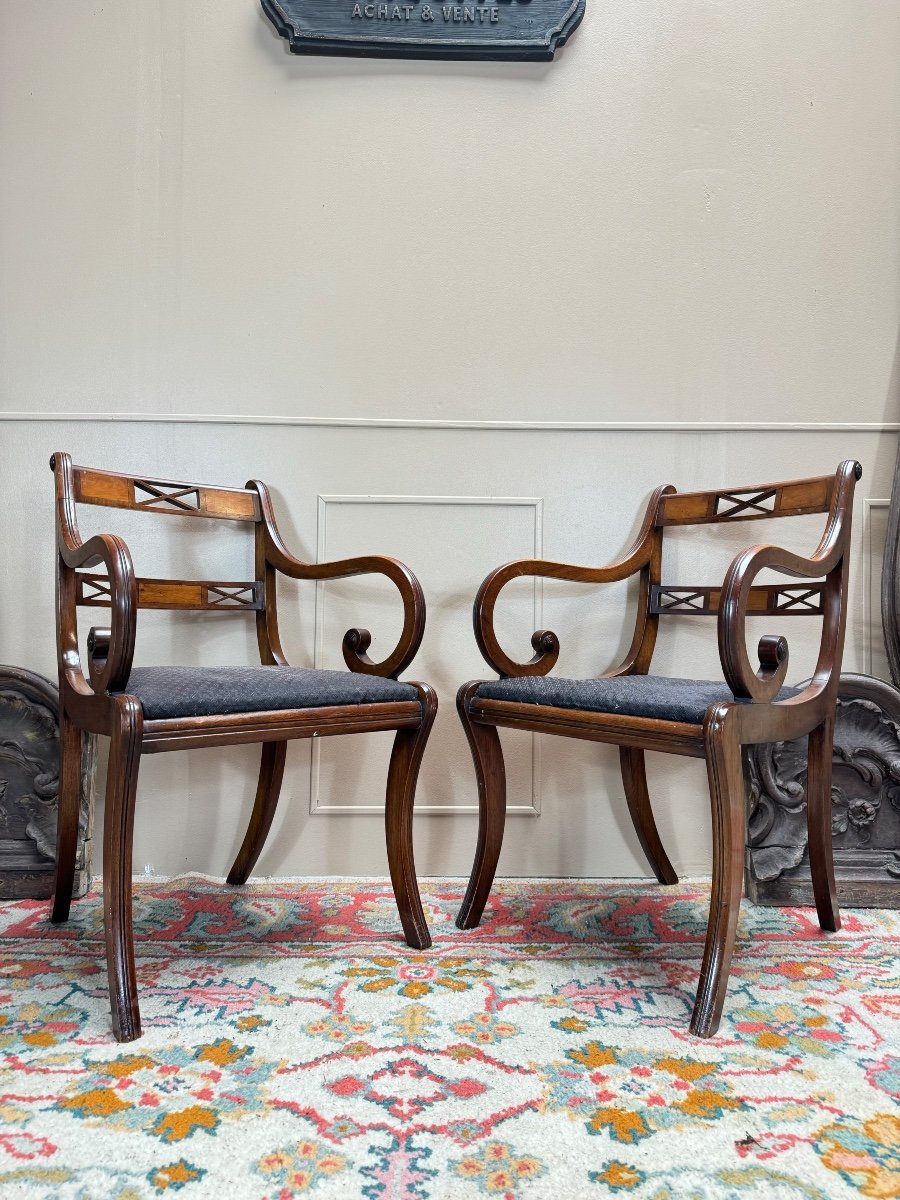 Two Armchairs And Two Chairs In Mahogany, 20th Century -photo-4