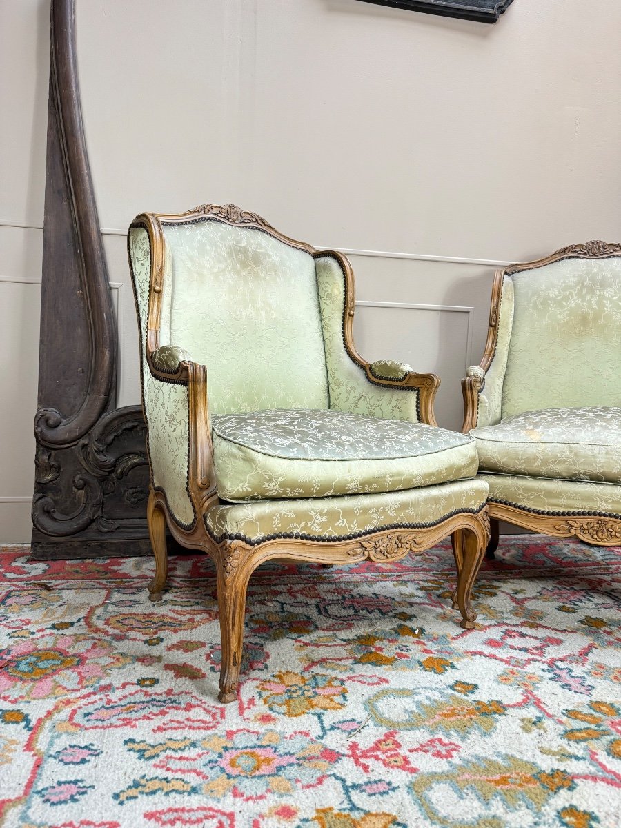 Pierrefeu In Lyon Pair Of Louis XV Style Natural Wood Wingback Bergeres -photo-2