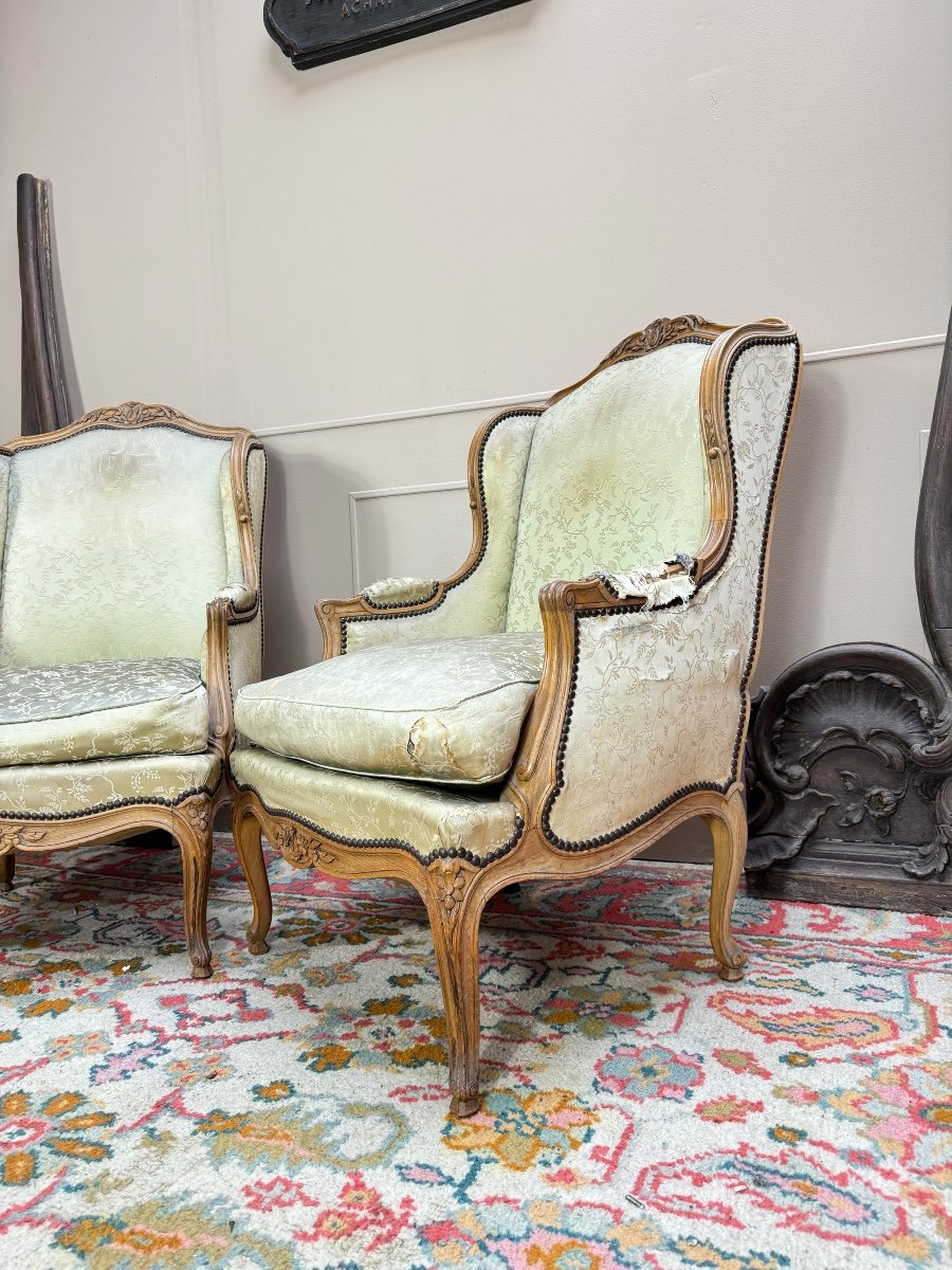 Pierrefeu In Lyon Pair Of Louis XV Style Natural Wood Wingback Bergeres -photo-4