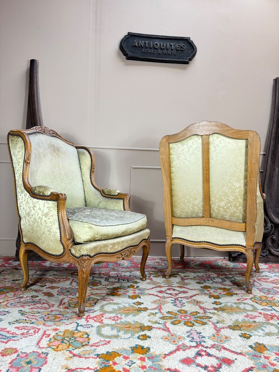 Pierrefeu In Lyon Pair Of Louis XV Style Natural Wood Wingback Bergeres -photo-2