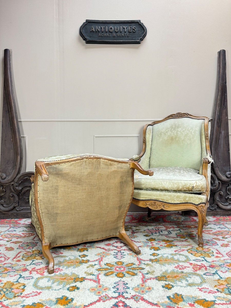 Pierrefeu In Lyon Pair Of Louis XV Style Natural Wood Wingback Bergeres -photo-3