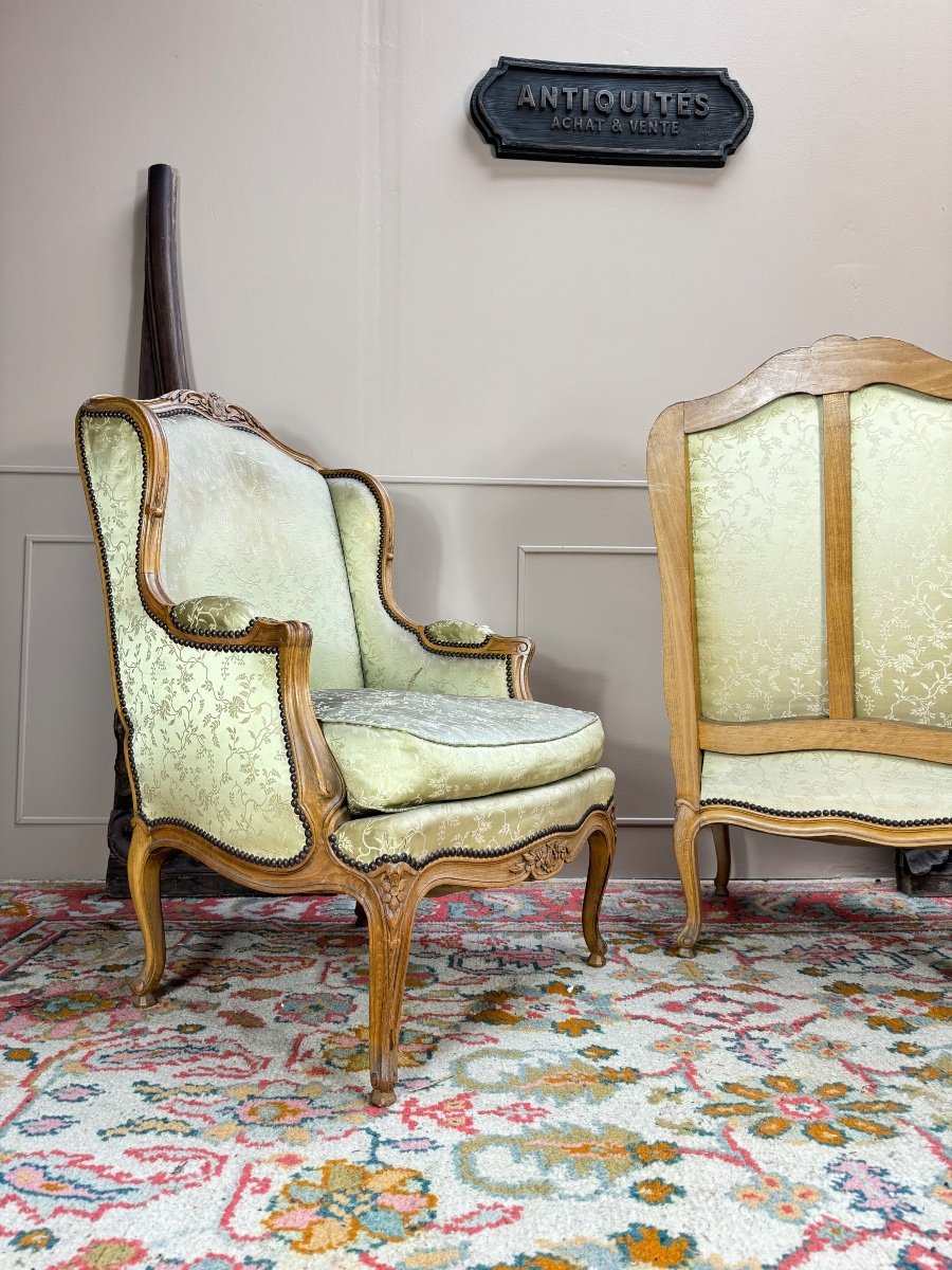 Pierrefeu In Lyon Pair Of Louis XV Style Natural Wood Wingback Bergeres -photo-4