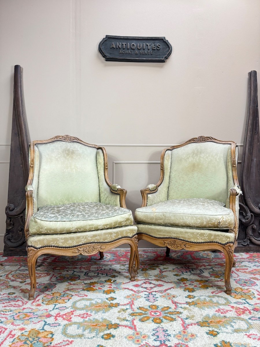 Pierrefeu In Lyon Pair Of Louis XV Style Natural Wood Wingback Bergeres 