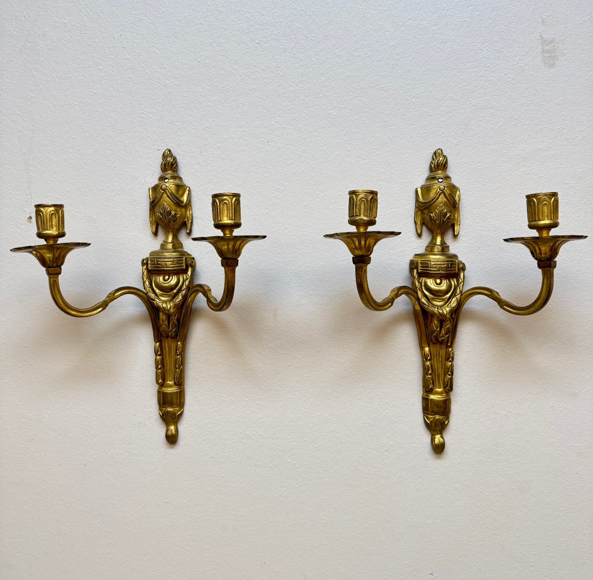 Pair Of Louis XVI Period Gilt And Chiseled Bronze Sconces, 18th Century 