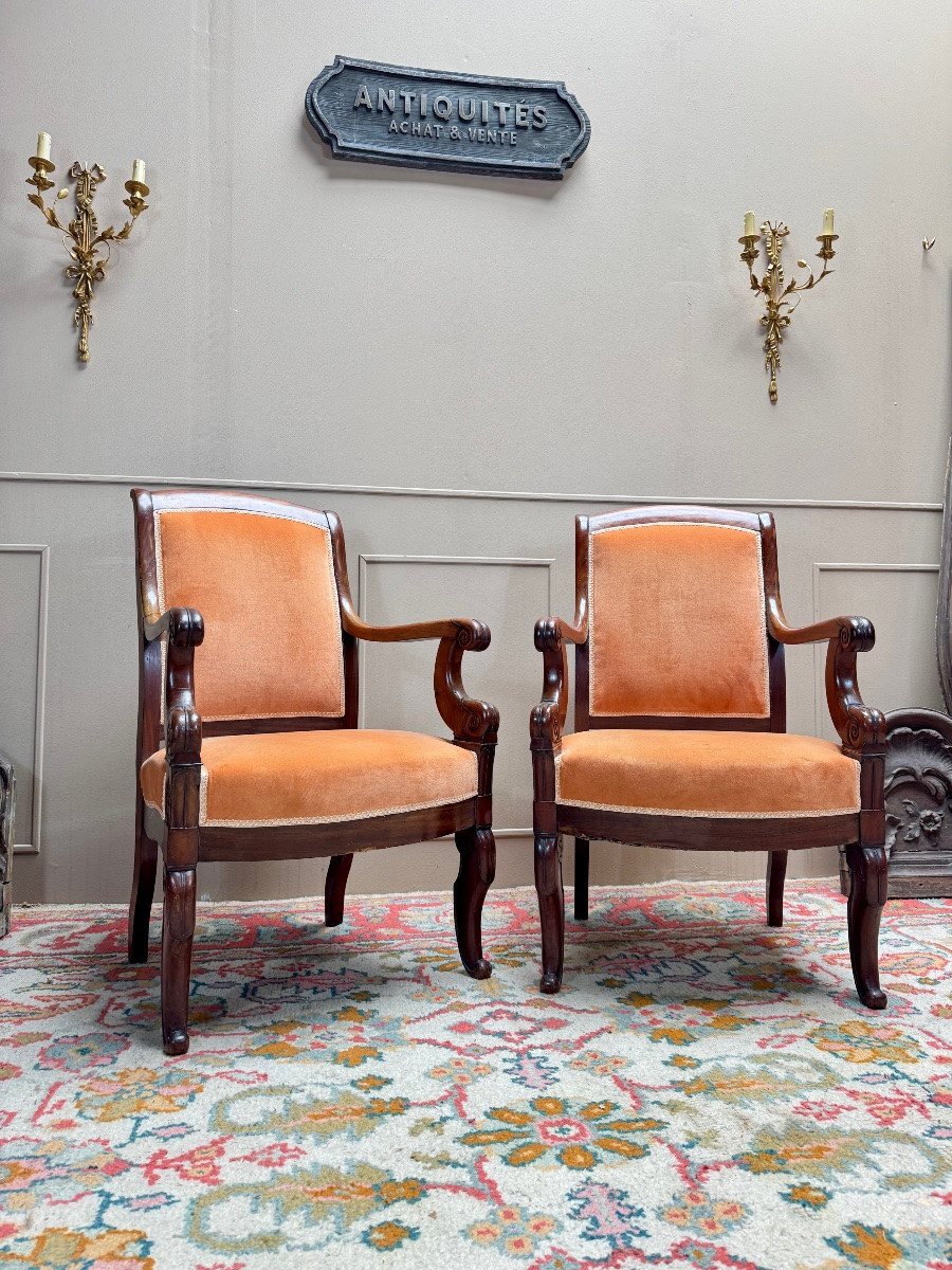 Pair Of Solid Mahogany Armchairs From The 19th Century Restoration Period -photo-2