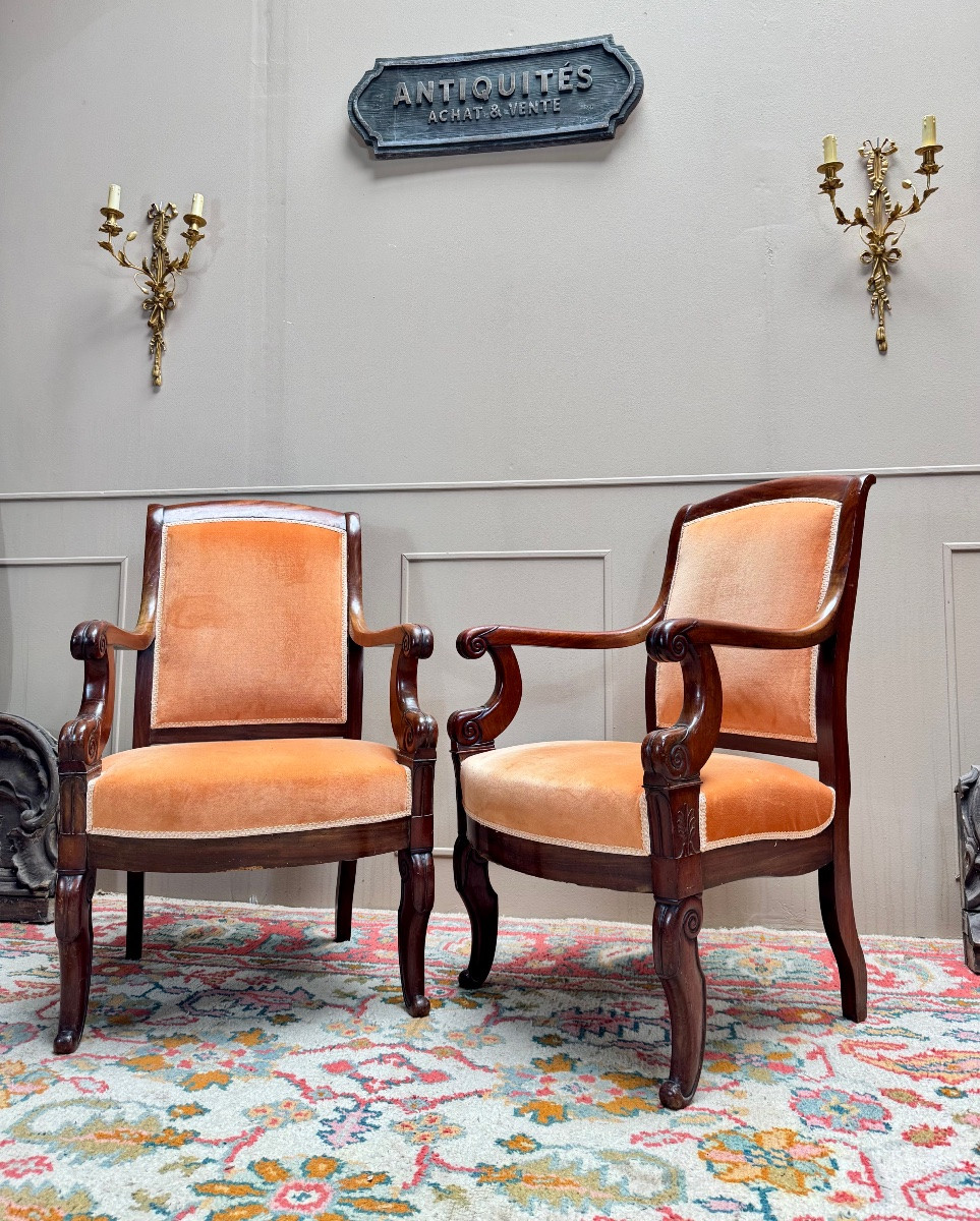 Pair Of Solid Mahogany Armchairs From The 19th Century Restoration Period -photo-3